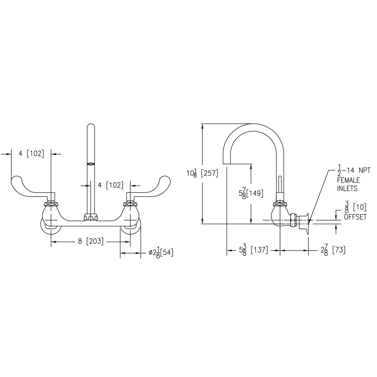 Technical drawing of deck mount faucet with curved gooseneck spout, dual wristblade handles, and dimension annotations.