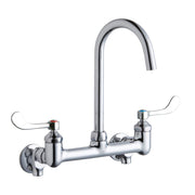 Chrome deck mount faucet with curved gooseneck spout and dual wristblade handles.