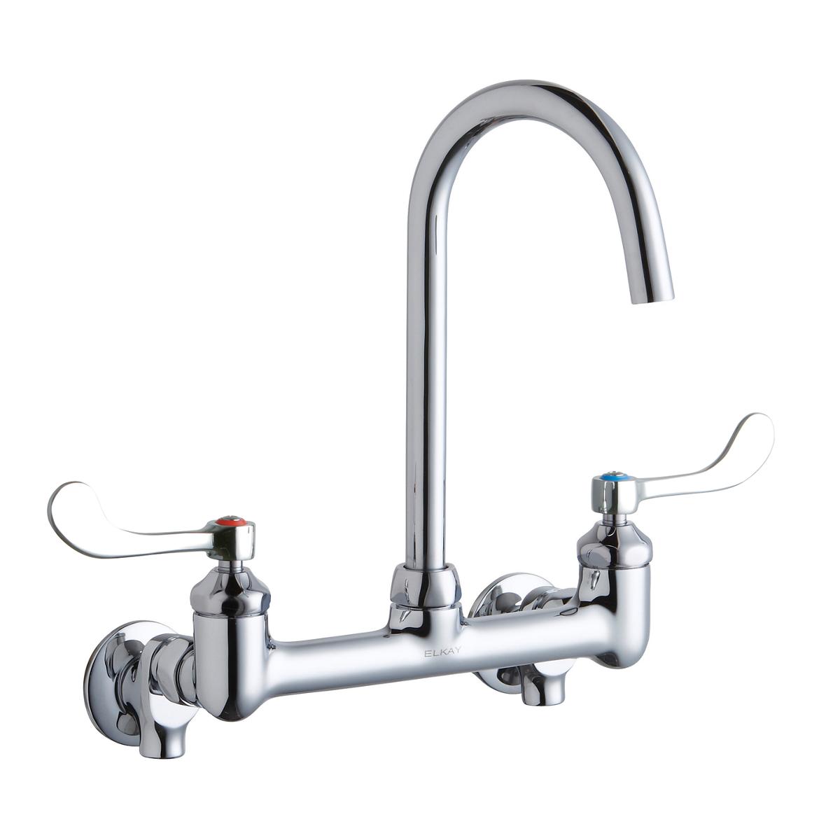 Chrome deck mount faucet with curved gooseneck spout and dual wristblade handles.
