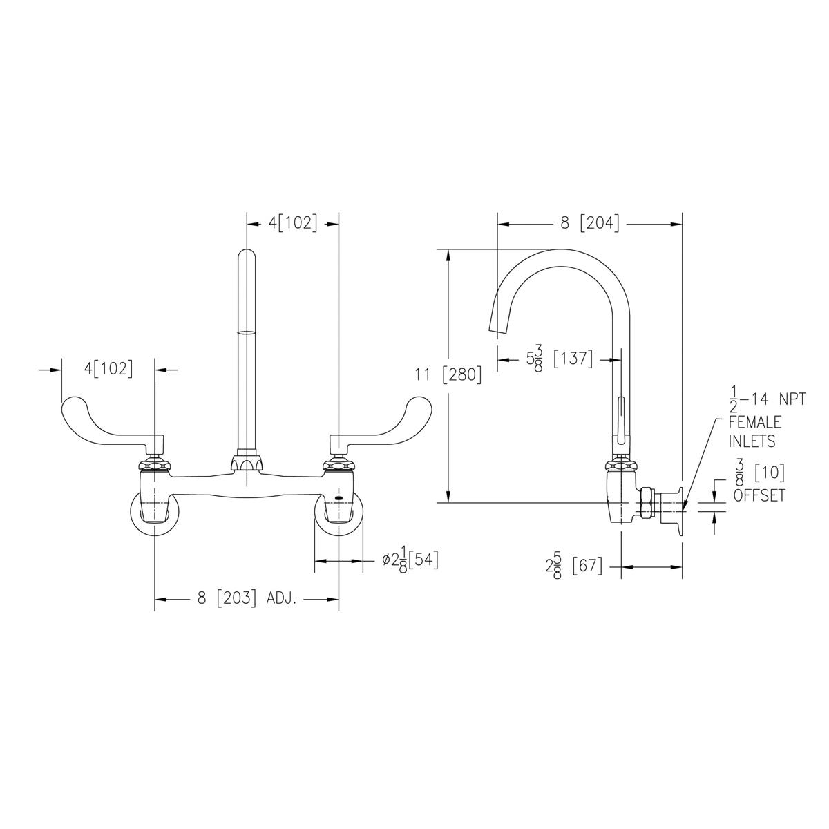 Technical specification drawing of an Elkay centerset deck mount faucet with gooseneck spout and wristblade handles shown in 