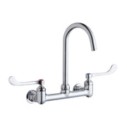 Chrome deck mount faucet with curved gooseneck spout and white wristblade handles on either side.