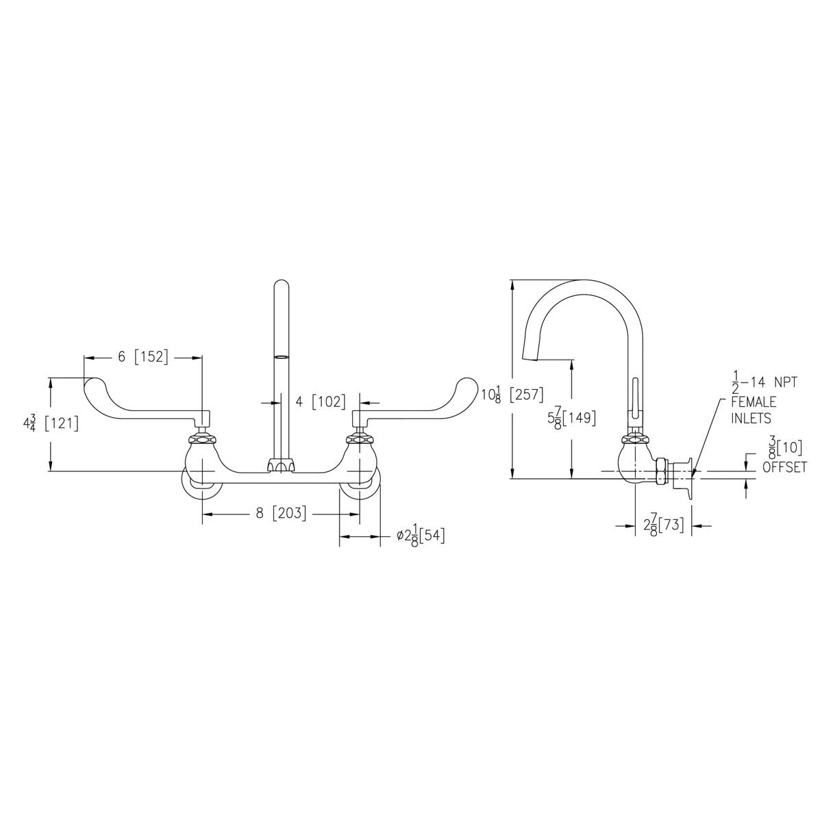 Technical drawing of an 8" centerset deck mount faucet with gooseneck spout and wristblade handles, shown in front and side v