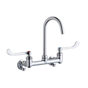 Chrome deck mount faucet with curved gooseneck spout and white wristblade handles on either side.