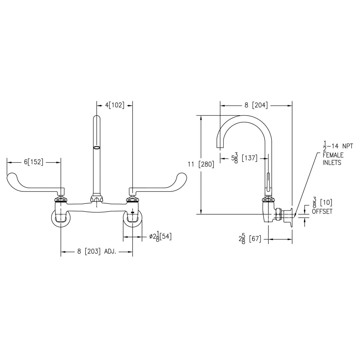 Technical specification drawing of an 8-inch centerset deck mount faucet with gooseneck spout and wristblade handles, showing