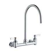 Chrome deck mount faucet with 8" gooseneck spout and two 2" lever handles.