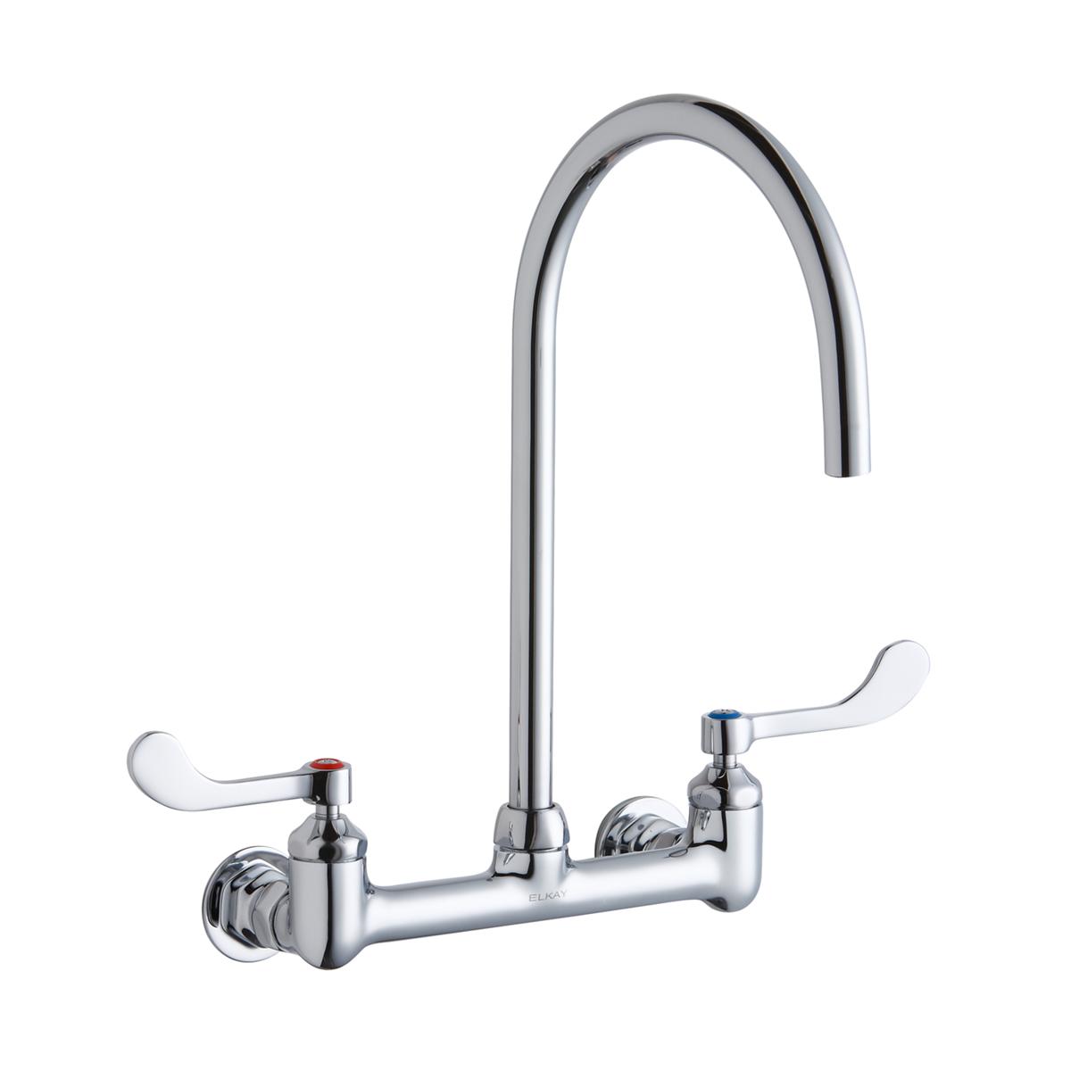 Chrome deck mount faucet with tall gooseneck spout and two white wristblade handles on either side.