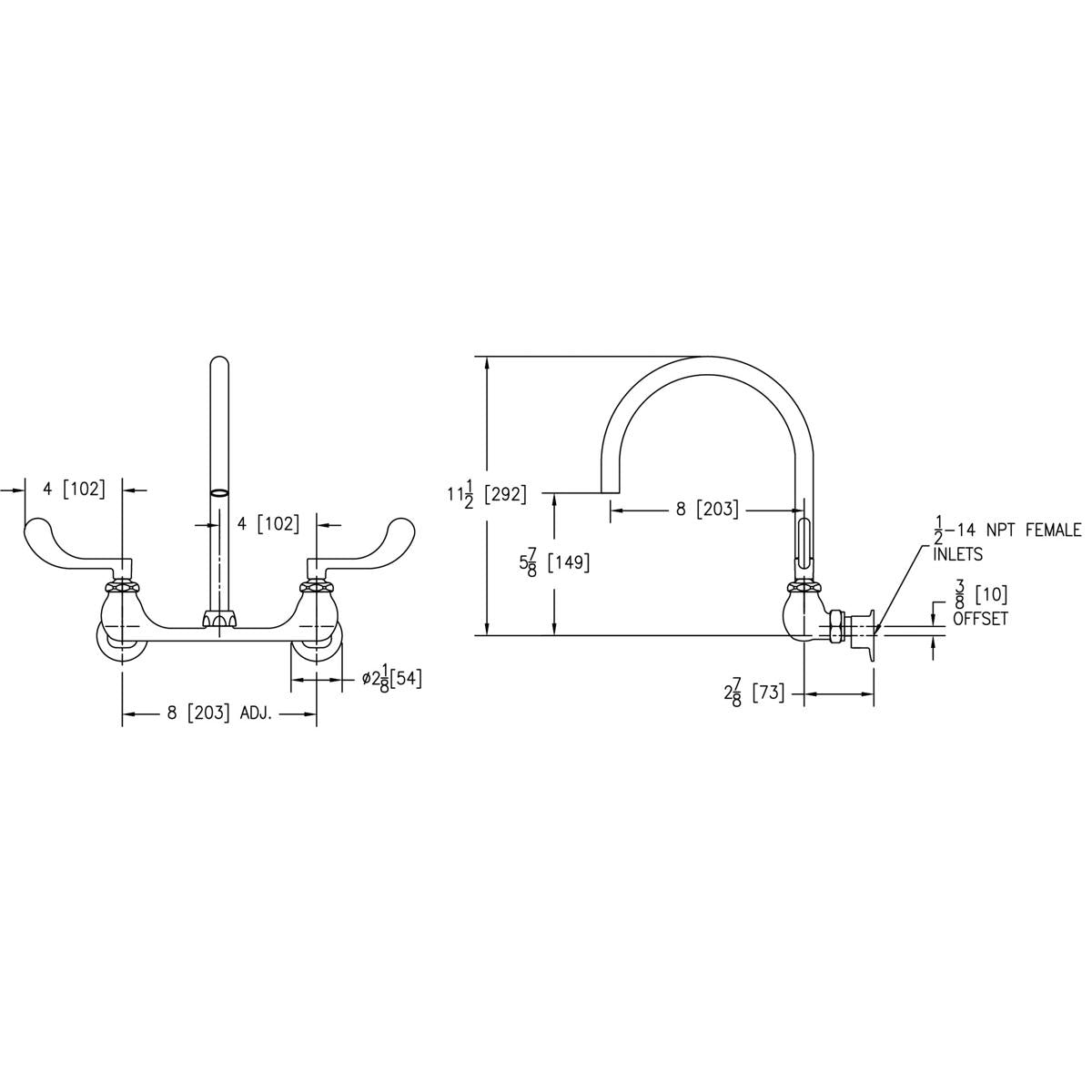 Chrome deck mount faucet with curved gooseneck spout and wristblade handles shown in front and side technical views.