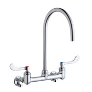 Chrome deck-mount faucet with tall gooseneck spout and two white wristblade handles on either side.