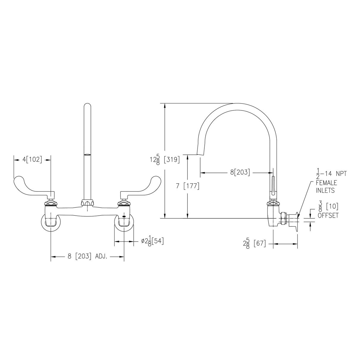 Elkay deck mount faucet with 8" gooseneck spout, 4" wristblade handles, and 1/2" offset inlets shown in technical drawing wit