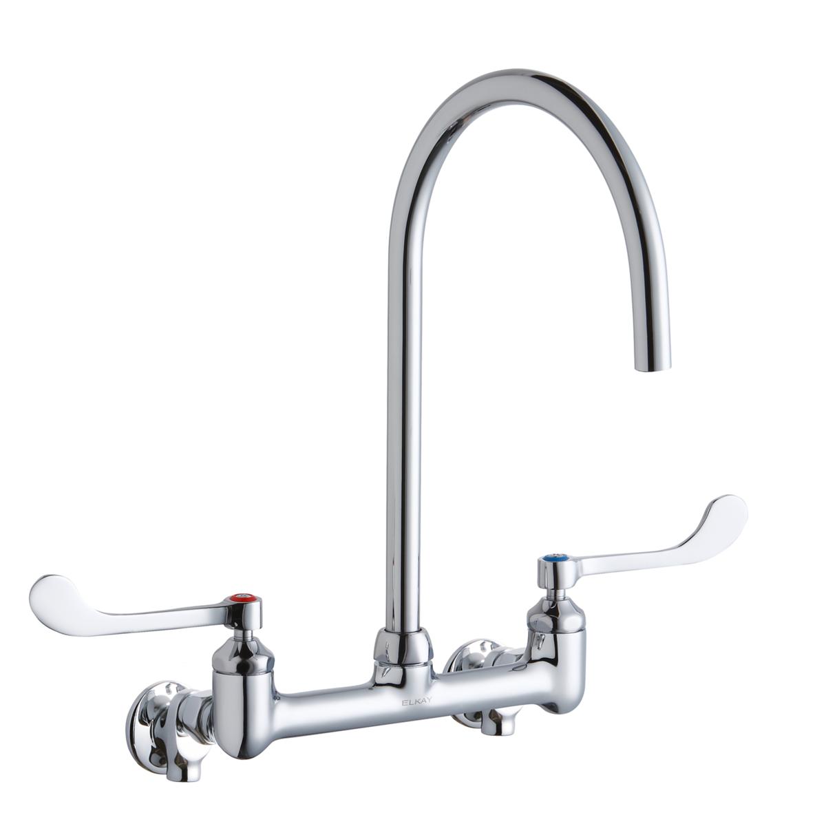 Chrome deck-mount faucet with tall gooseneck spout and two white wristblade handles.
