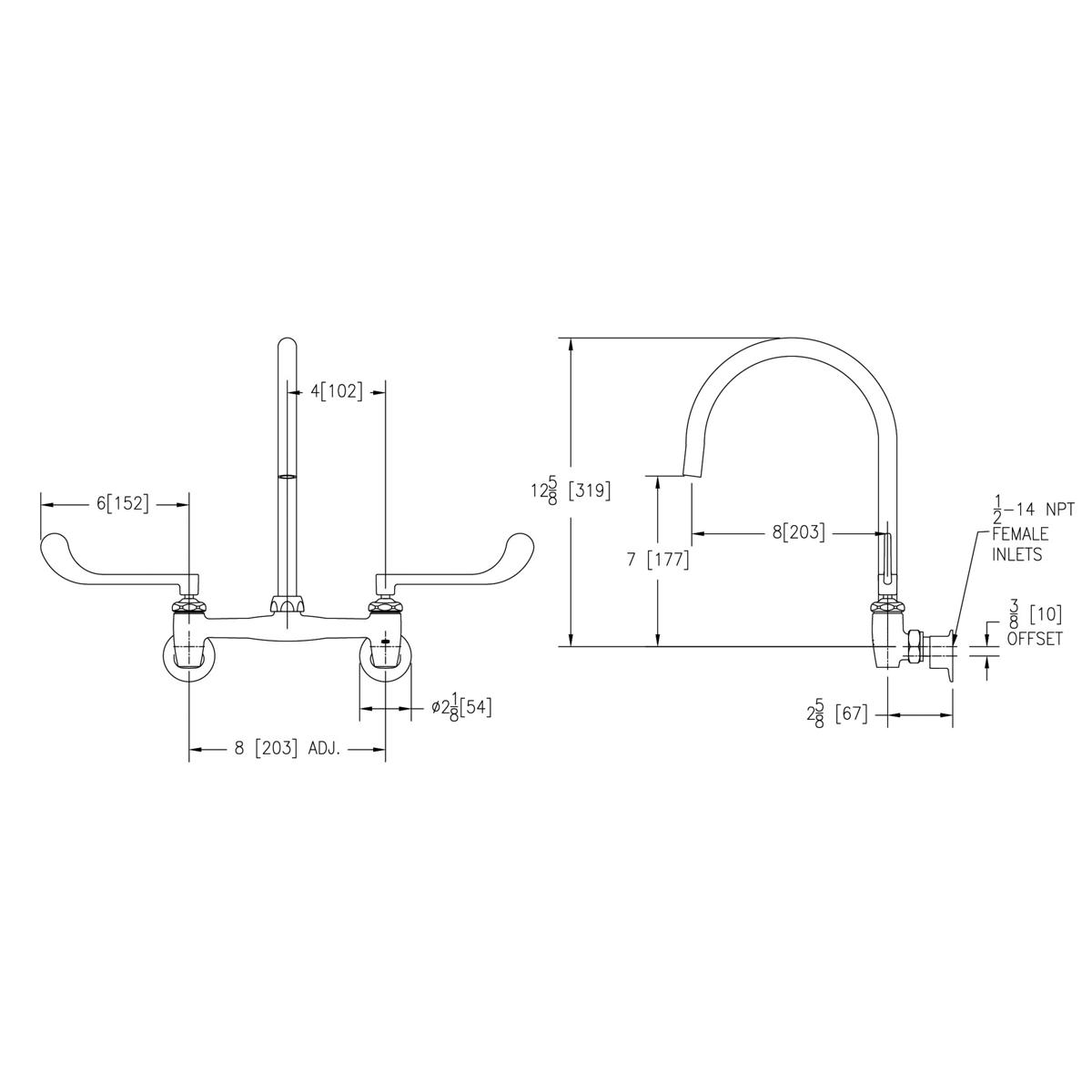 Elkay deck mount faucet with 8" gooseneck spout, wristblade handles, and technical dimension specifications shown in top and 
