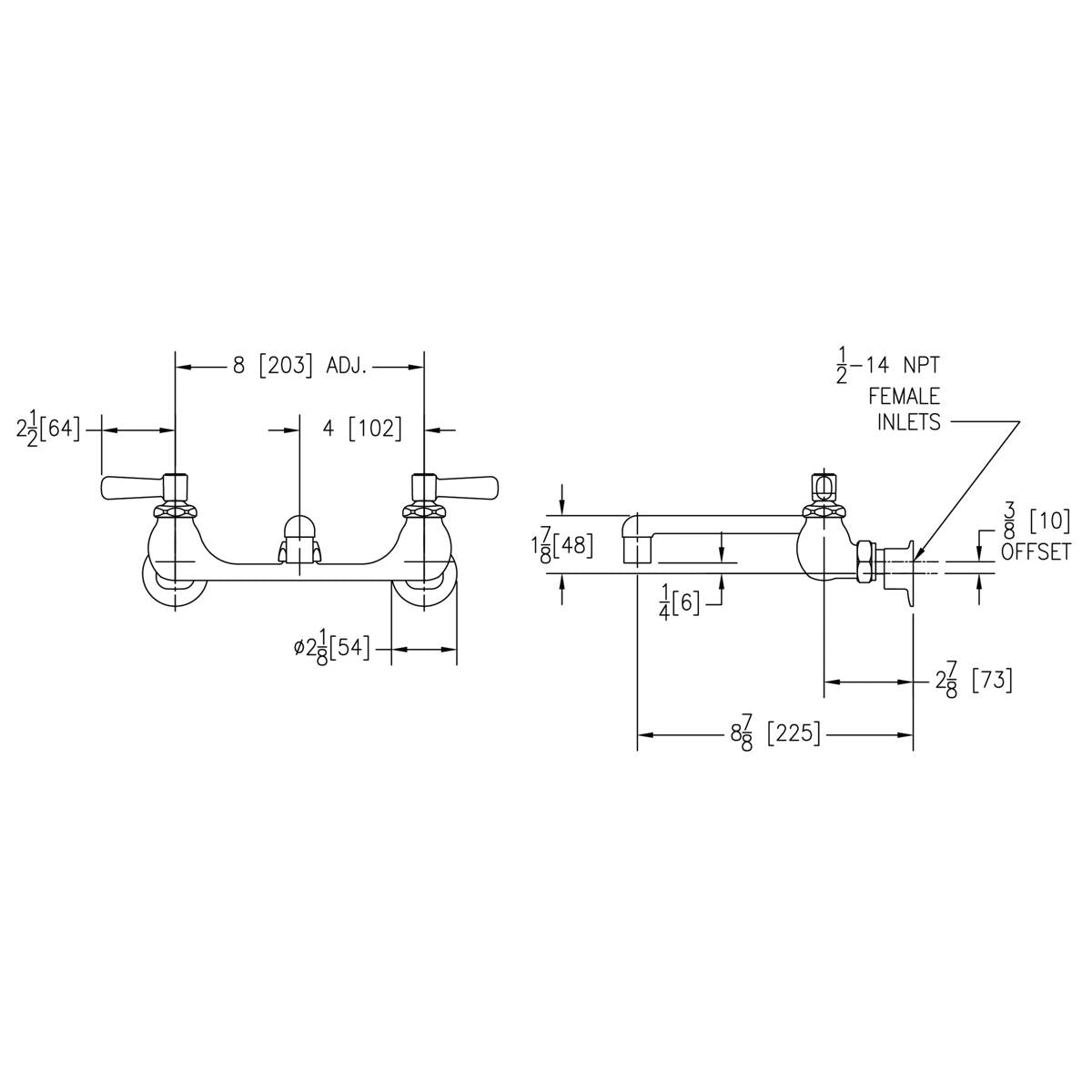 Elkay Foodservice 8" Centerset Wall Mount Faucet with 8" Tube Spout 2" Lever Handles 1/2" Offset Inlets Chrome