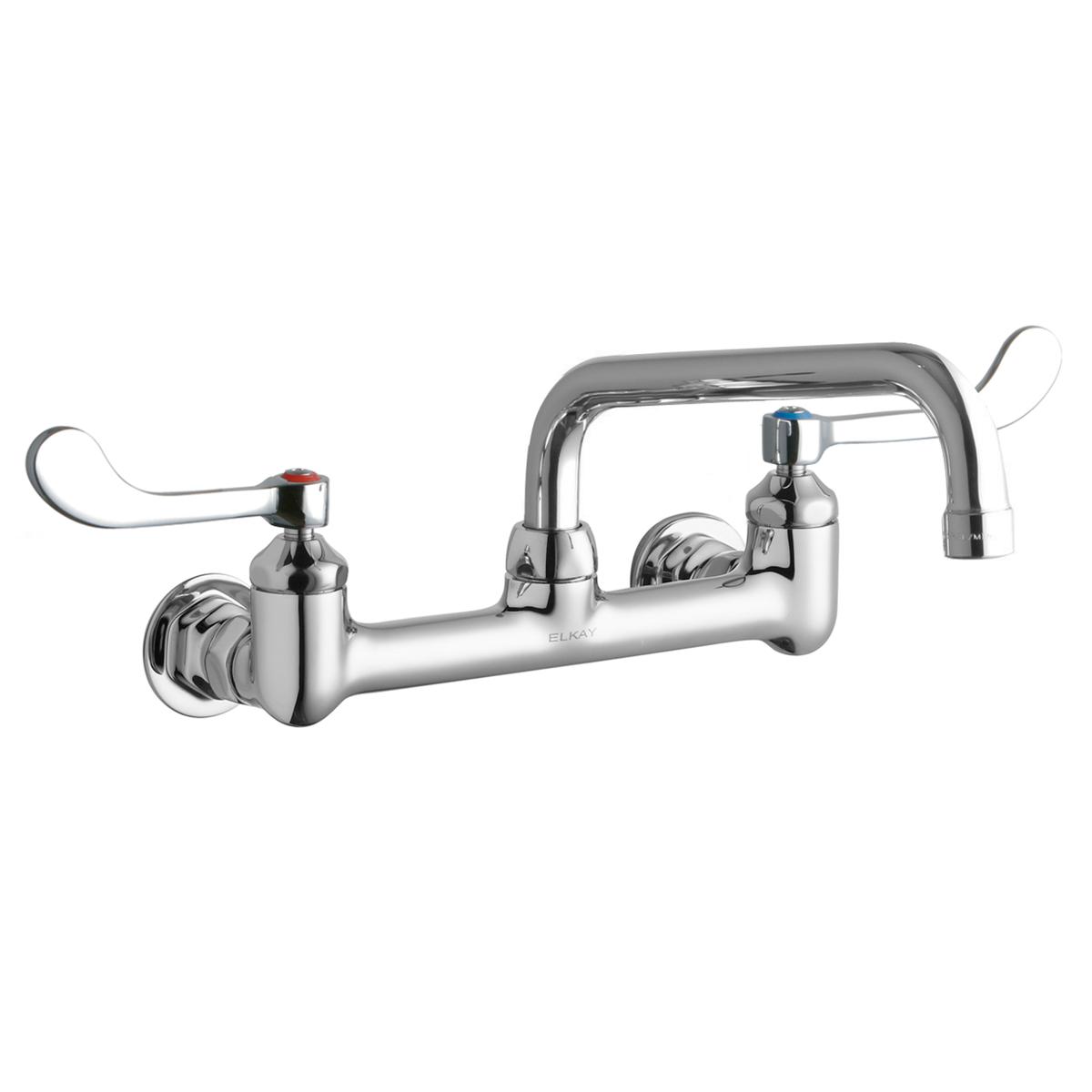 Chrome wall-mount faucet with 8" tube spout, two wristblade handles, and wall brackets.