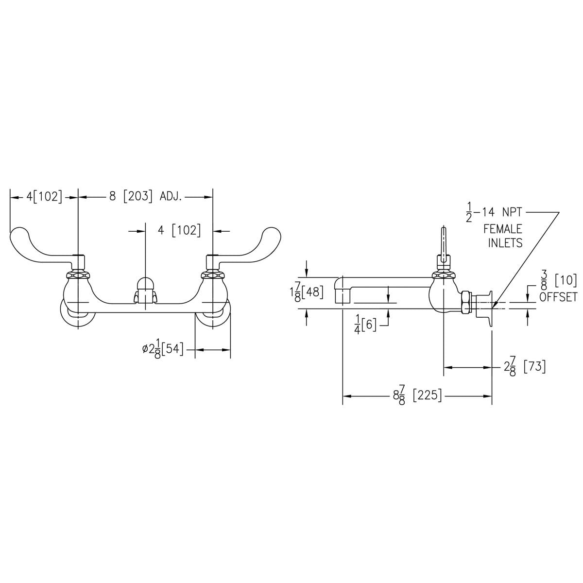 Chrome wall-mount faucet with dual wristblade handles, tube spout, and offset inlet with measurement specifications.