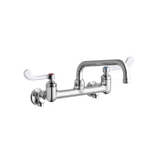 Chrome wall-mount faucet with arched spout and white wristblade handles on either side.