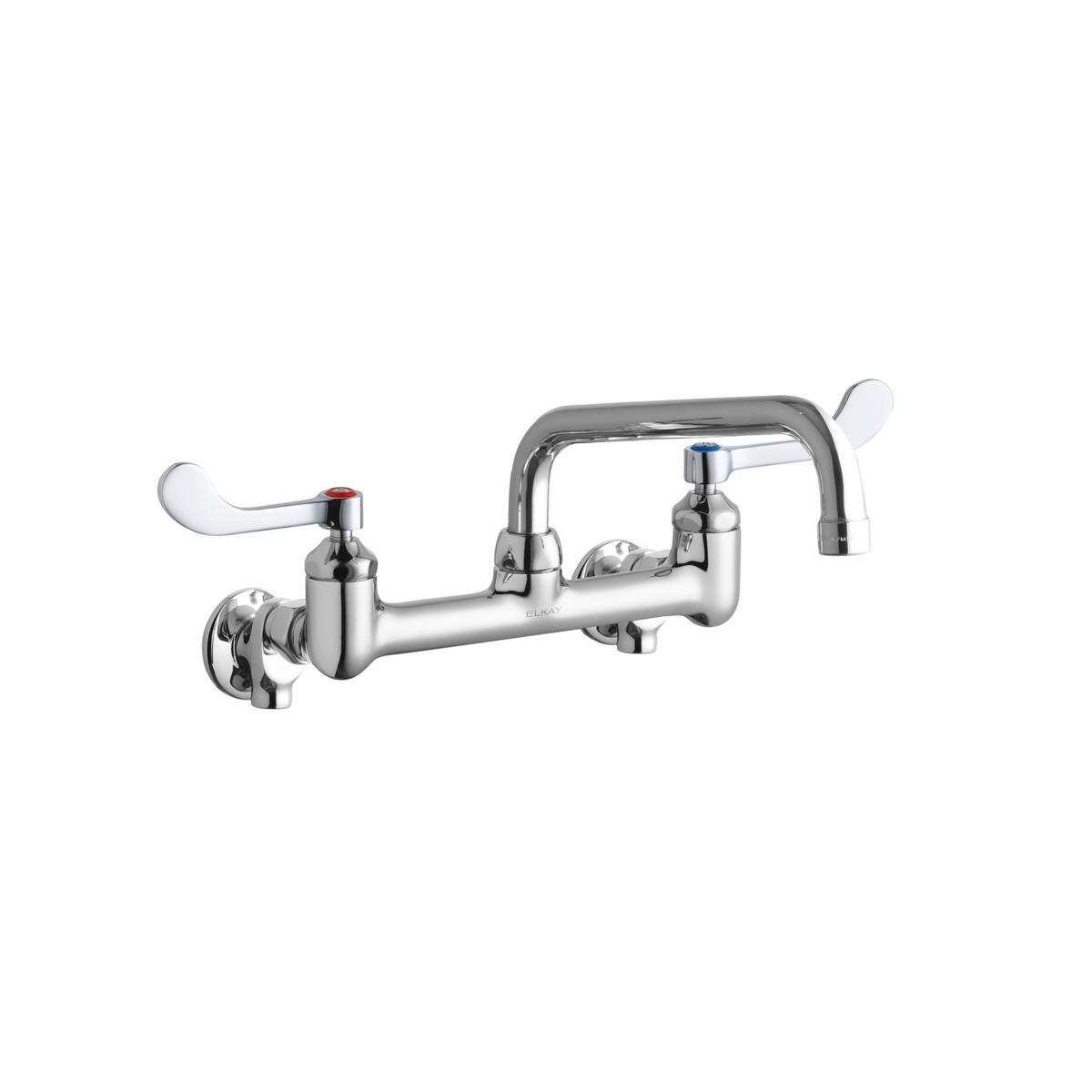 Chrome wall-mount faucet with arched spout and white wristblade handles on either side.
