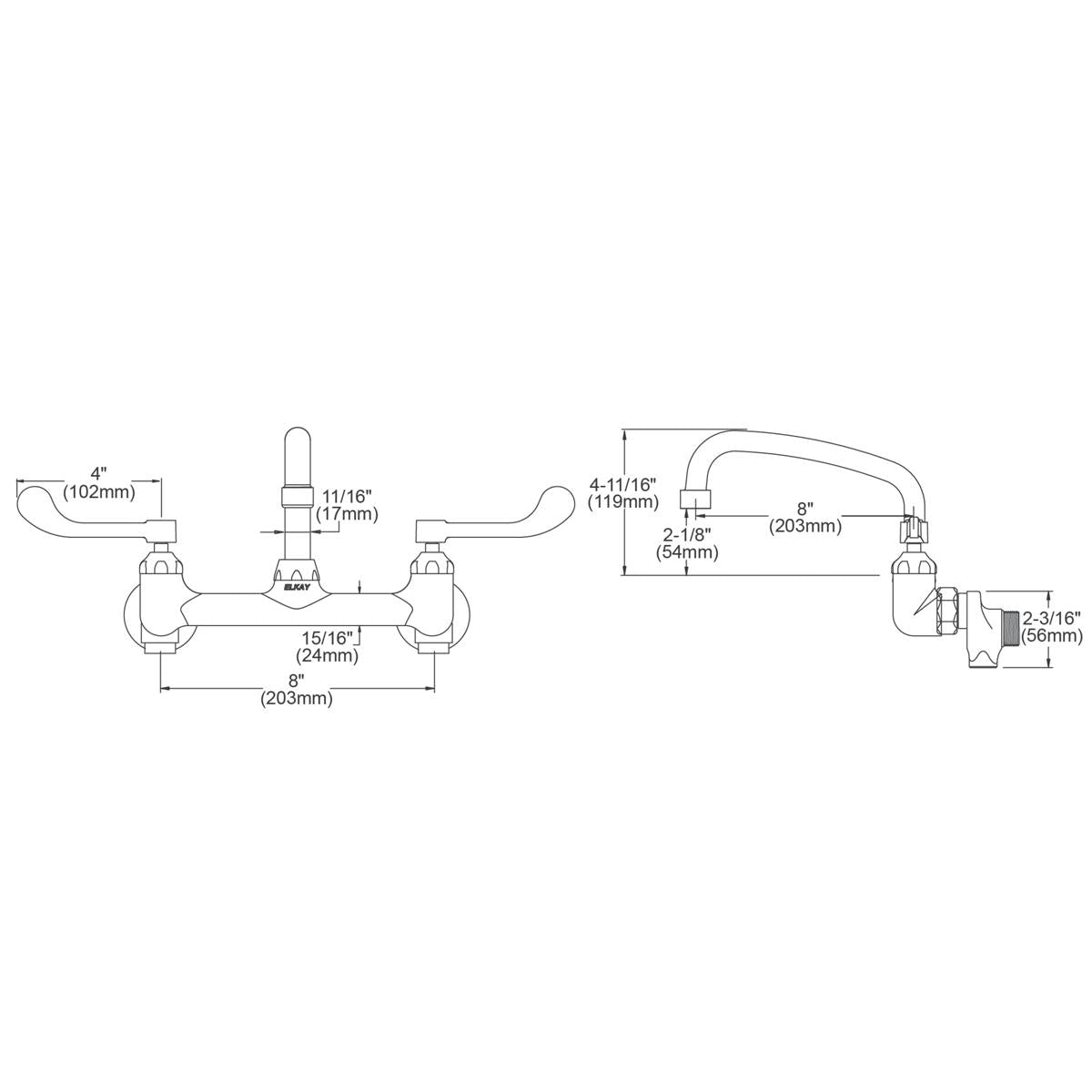 Wall-mounted commercial faucet with 8" tube spout, 4" wristblade handles, and dimension specifications shown.