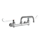 Chrome wall-mounted faucet with curved wristblade handles and tubular spout for commercial foodservice use.
