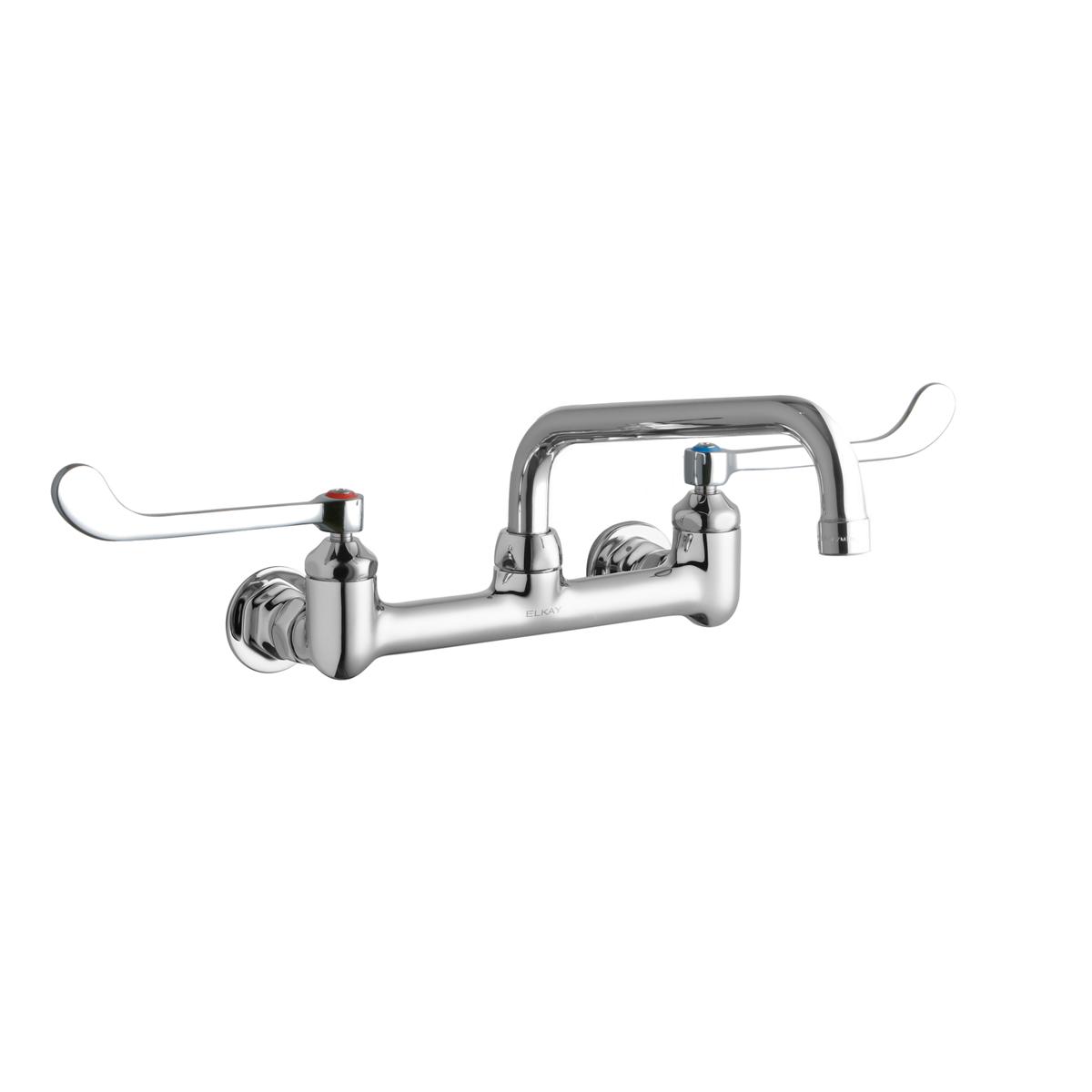 Chrome wall-mounted faucet with curved wristblade handles and tubular spout for commercial foodservice use.