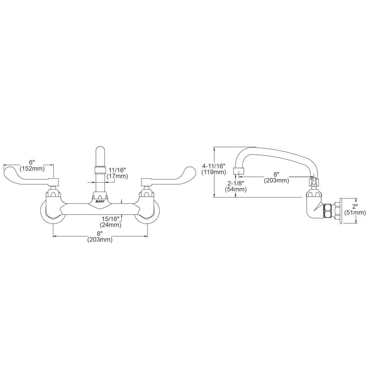 Chrome wall-mount faucet with 8" tube spout, dual wristblade handles, and dimension specifications shown.