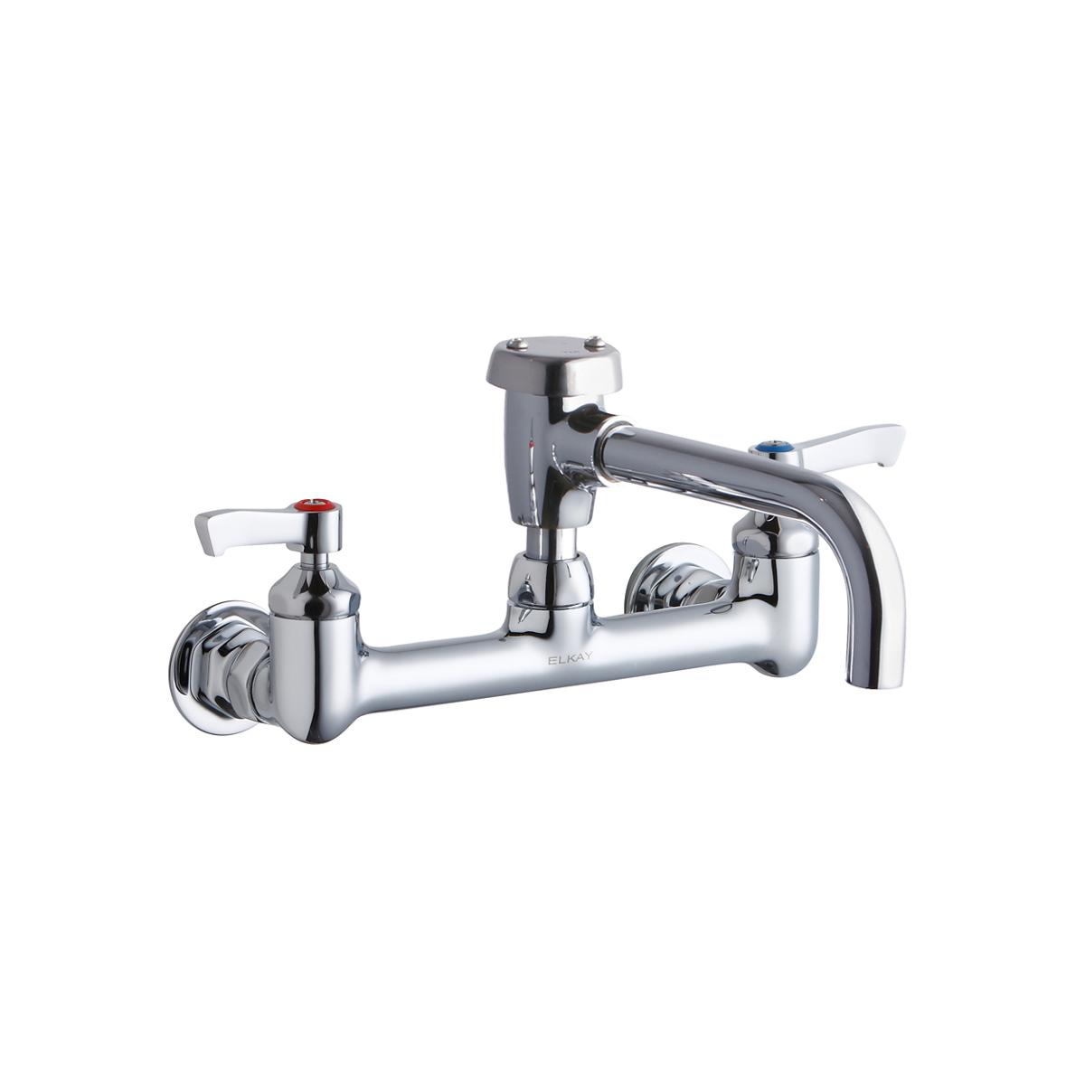 Chrome wall-mount faucet with two lever handles, curved spout, and circular mounting plates.
