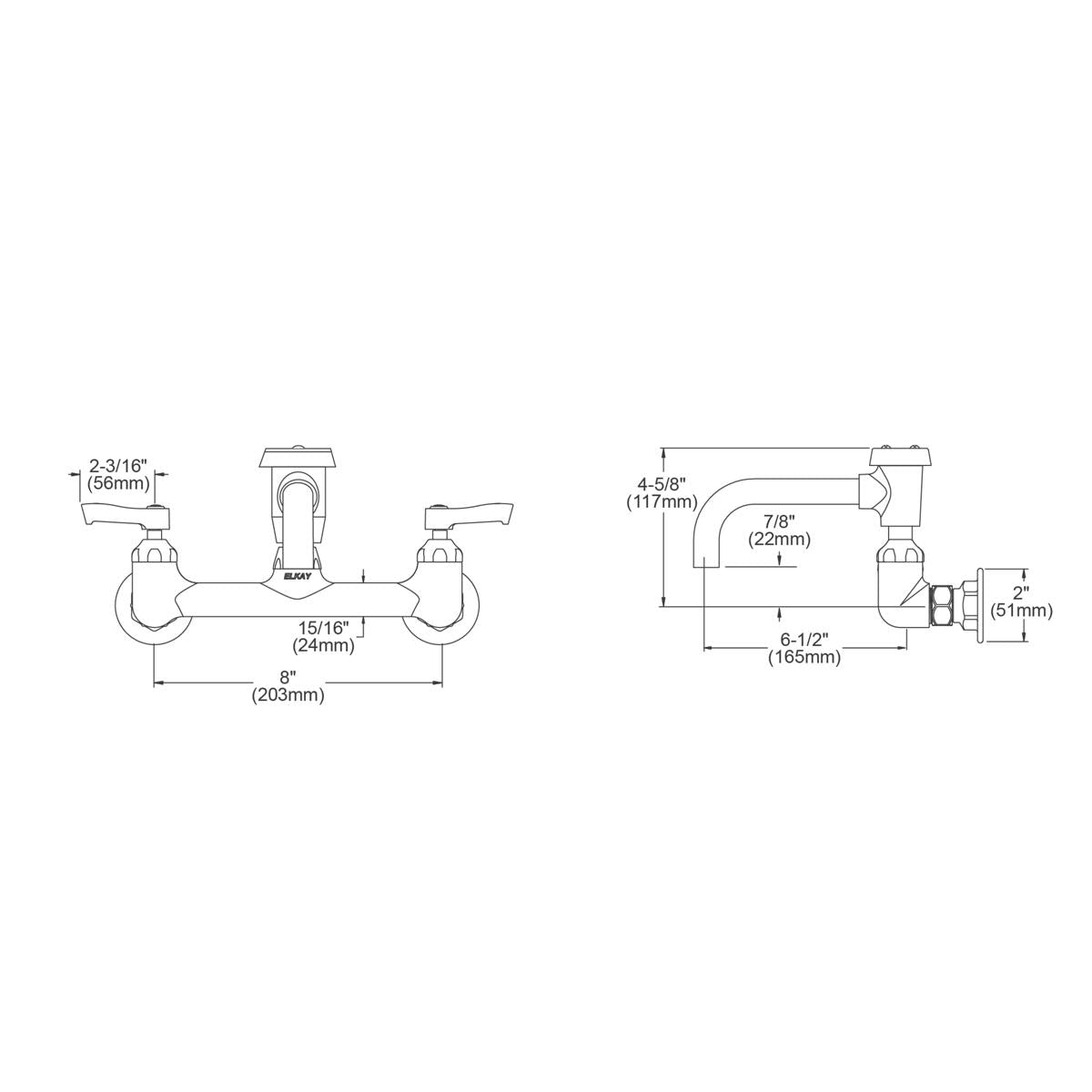 Chrome wall-mount faucet with two lever handles, curved spout, and dimensional specifications shown in technical diagram.