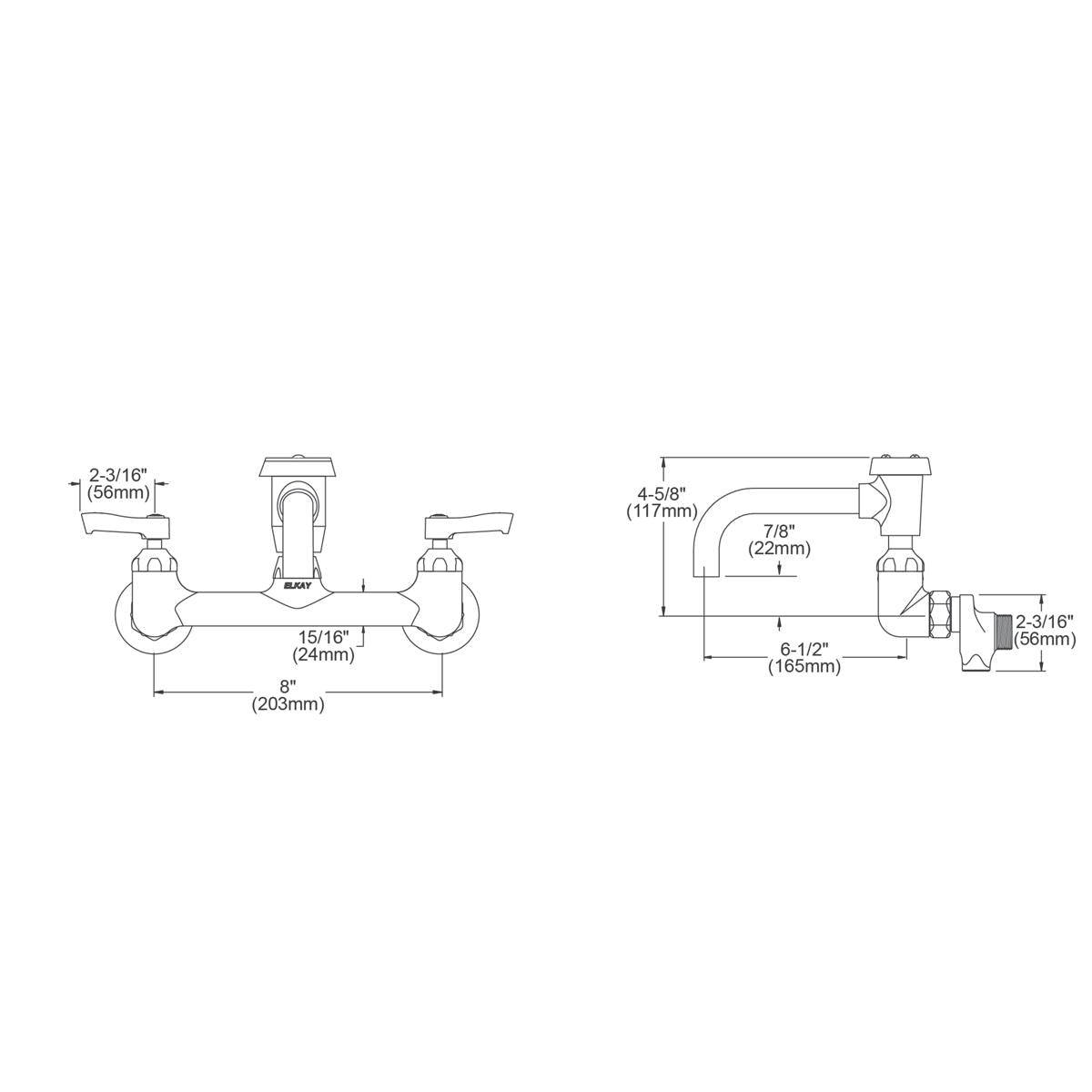 Wall-mounted utility faucet with two lever handles, curved spout, and detailed dimension specifications shown from front and 