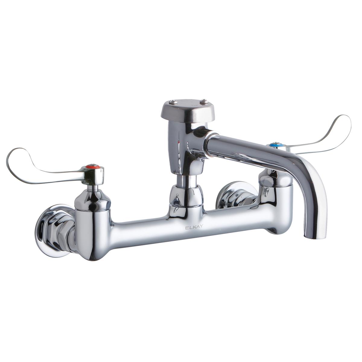 Chrome wall-mount faucet with dual wristblade handles, curved spout, and circular mounting base.