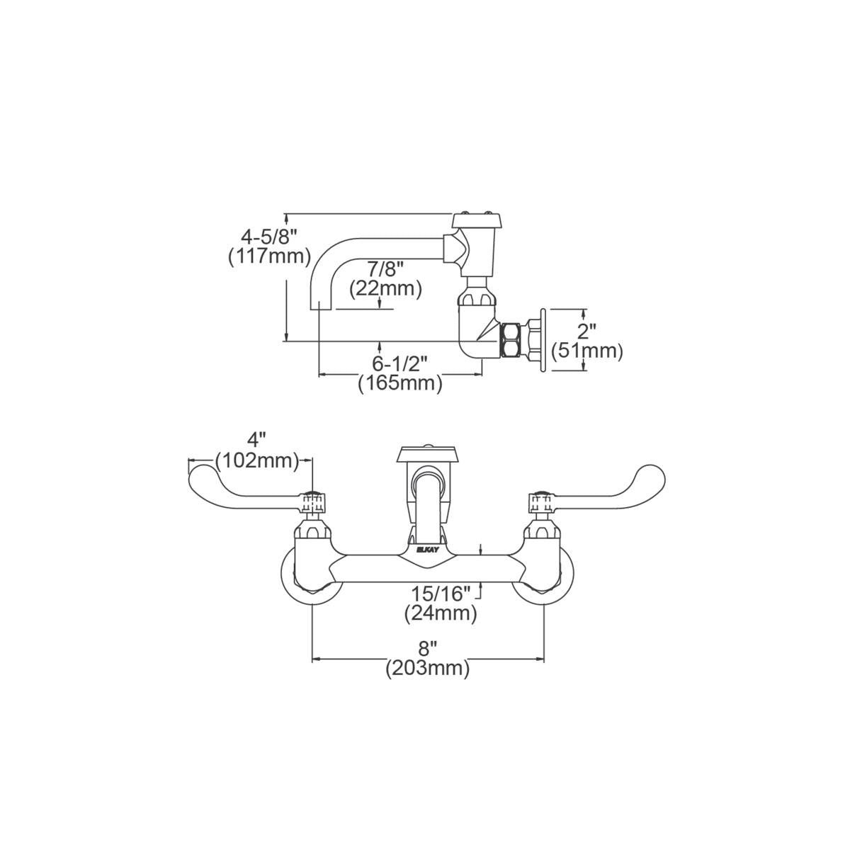 Wall-mounted utility faucet with 7" curved spout, 4" wristblade handles, and dimension measurements shown in technical diagra