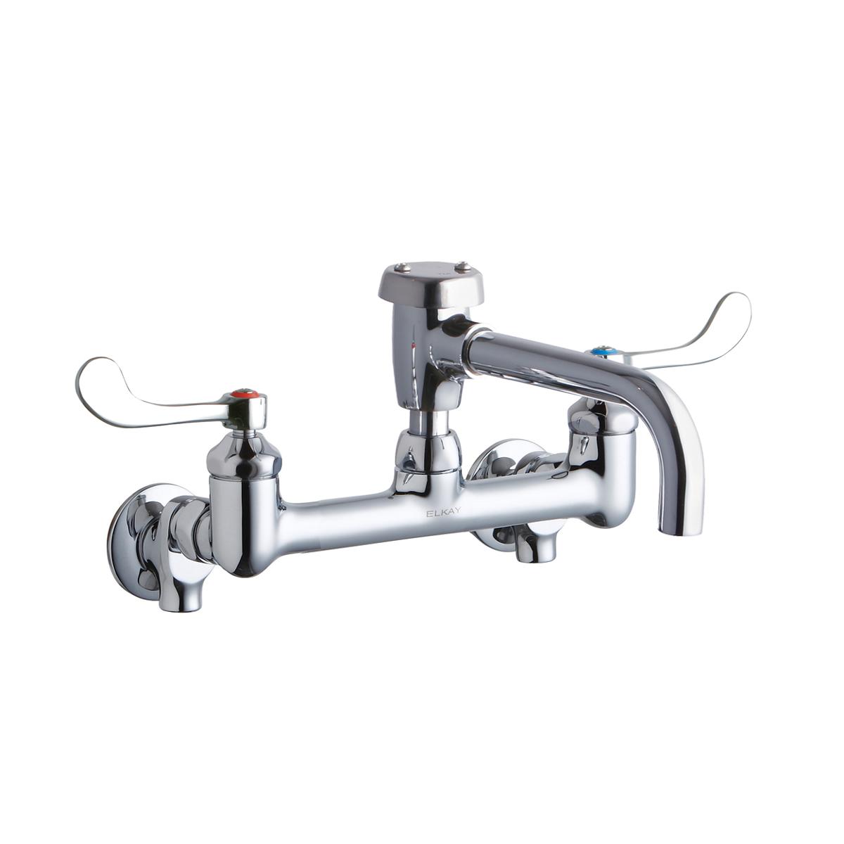 Chrome wall-mount utility faucet with 8" centerset, 7" spout, and wristblade handles.