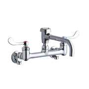 Chrome wall-mount utility faucet with 8" centerset, 7" spout, and wristblade handles.