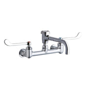 Chrome wall-mounted faucet with two wristblade handles and curved spout for service or utility sink.