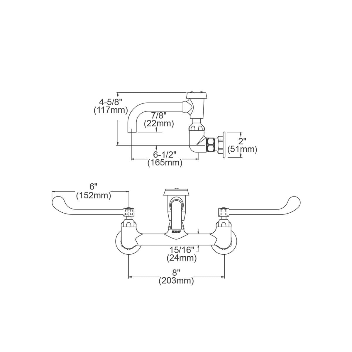 Elkay wall-mount faucet with curved spout, two wristblade handles, and dimension specifications shown in technical drawing.