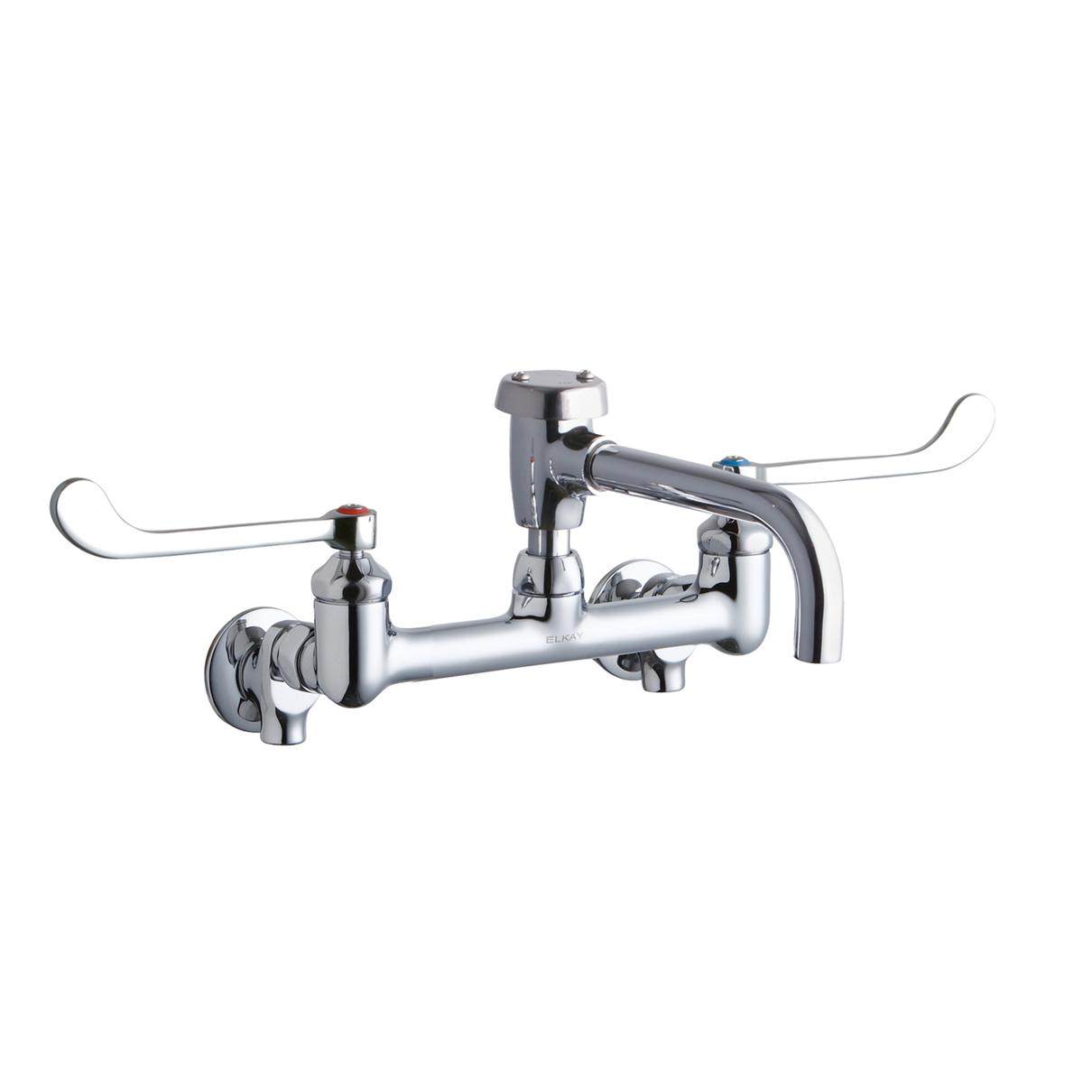 Chrome wall-mount faucet with dual wristblade handles, curved spout, and wall flanges.