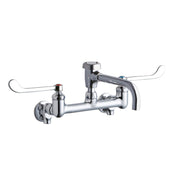 Chrome wall-mount faucet with dual wristblade handles, curved spout, and wall flanges.