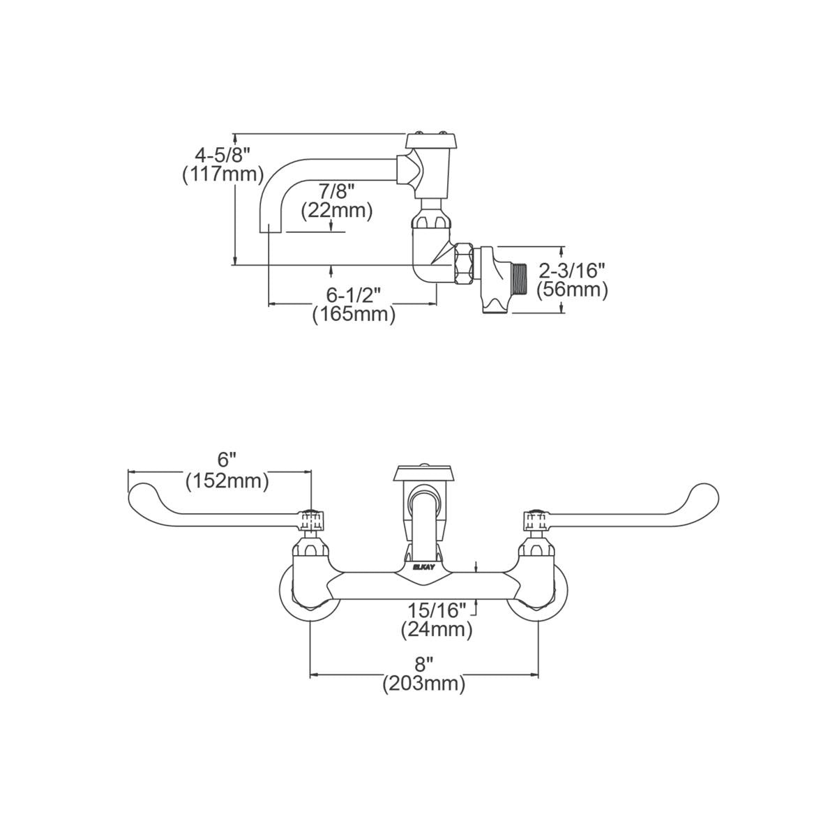 Wall-mount utility faucet with 8" centerset, 7" spout, wristblade handles, and dimensional specifications shown.