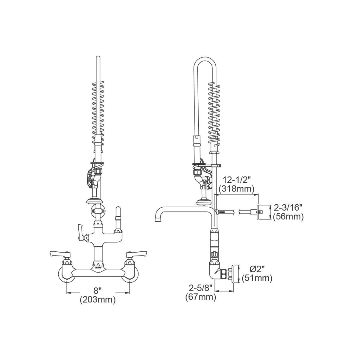 Elkay 8" Centerset Wall Mount Faucet 44" Flexible Hose with 1.2 GPM Spray Head + 8" Arc Tube Spout 2" Lever Handles