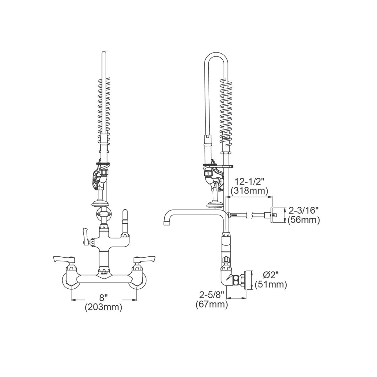 Wall-mount faucet with two lever handles, flexible hose, and curved spout shown in front and side technical views with dimens