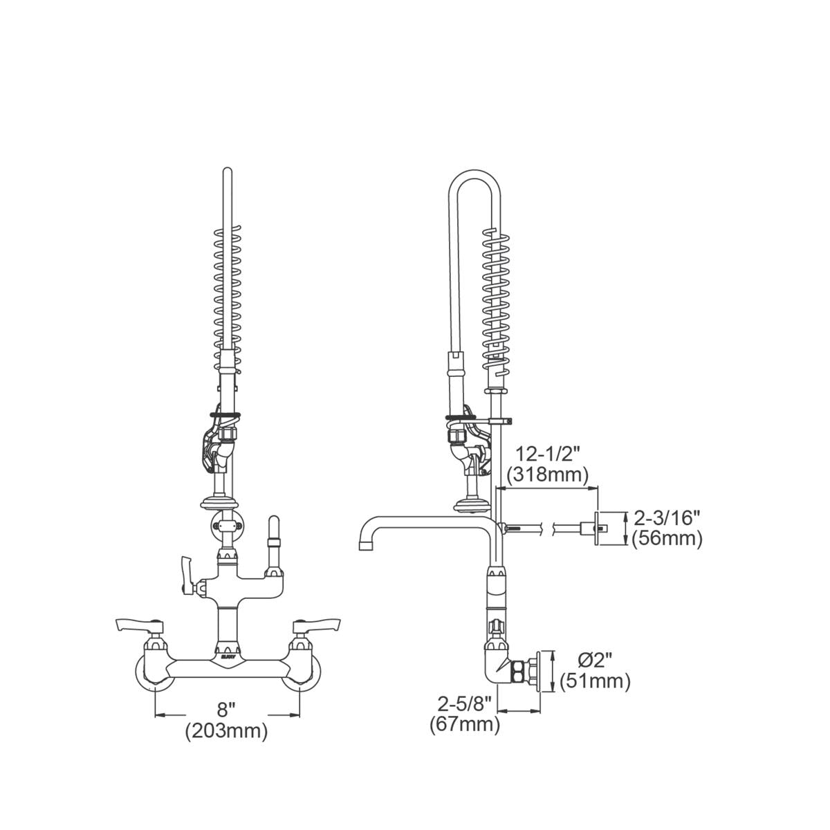 Wall-mounted faucet with 8" centerset, two lever handles, arc tube spout, and flexible hose with spray head.