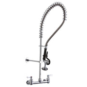 Chrome wall-mount faucet with coiled hose, spray head, and two lever handles mounted on base plate.