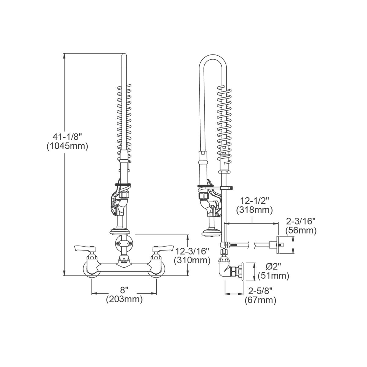 Wall-mount faucet with 8" centerset base, two lever handles, and flexible hose with spray head.