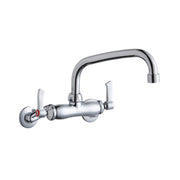 Chrome wall-mount faucet with arched spout, two lever handles, and wall flanges.
