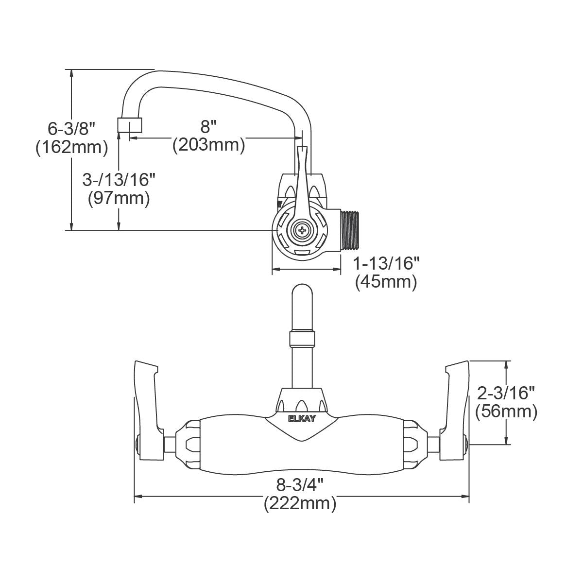 Chrome wall-mount faucet with 8-inch arc spout, dual lever handles, and detailed dimension specifications labeled.