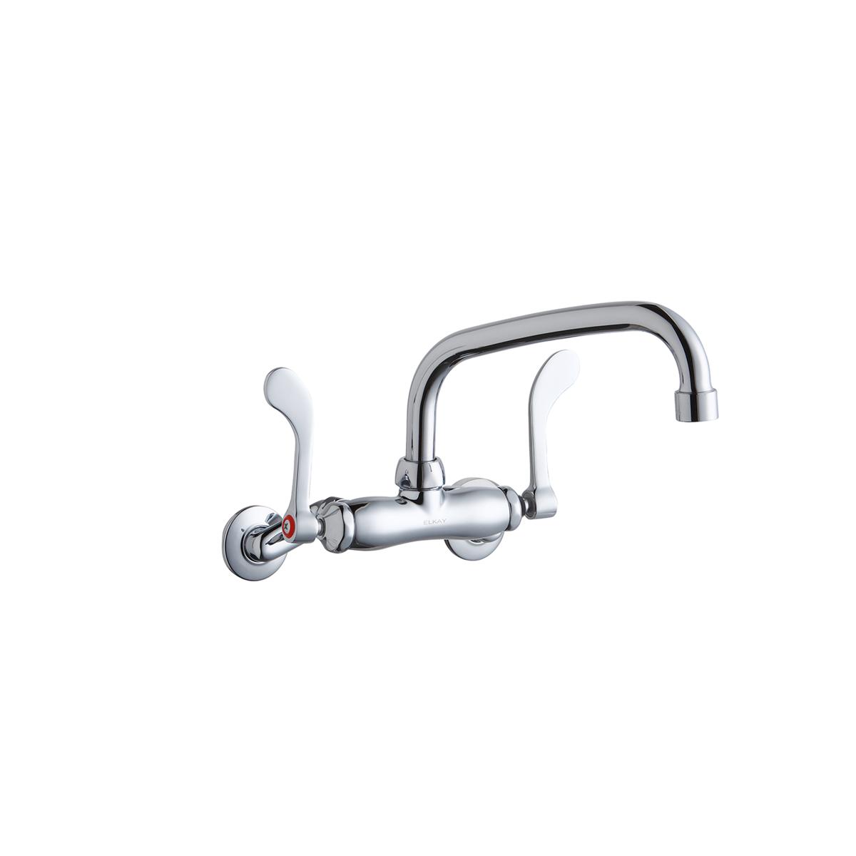 Chrome wall-mount faucet with arcing spout, two white wristblade handles, and wall brackets.