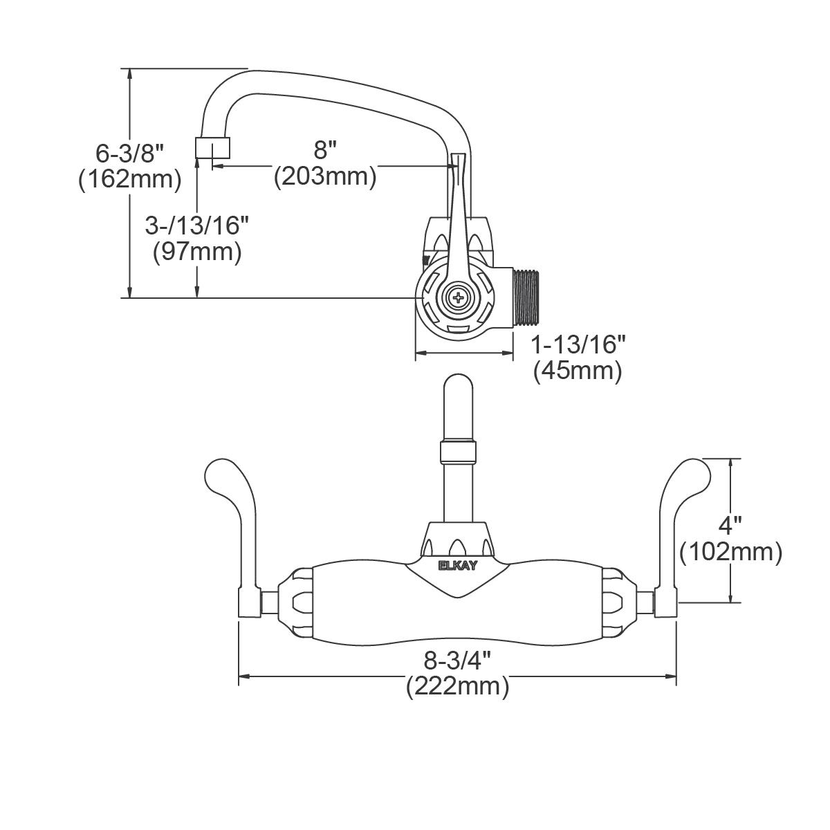 Elkay wall-mount faucet with 8-inch arc spout, 4-inch wristblade handles, and dimension specifications shown in technical dra