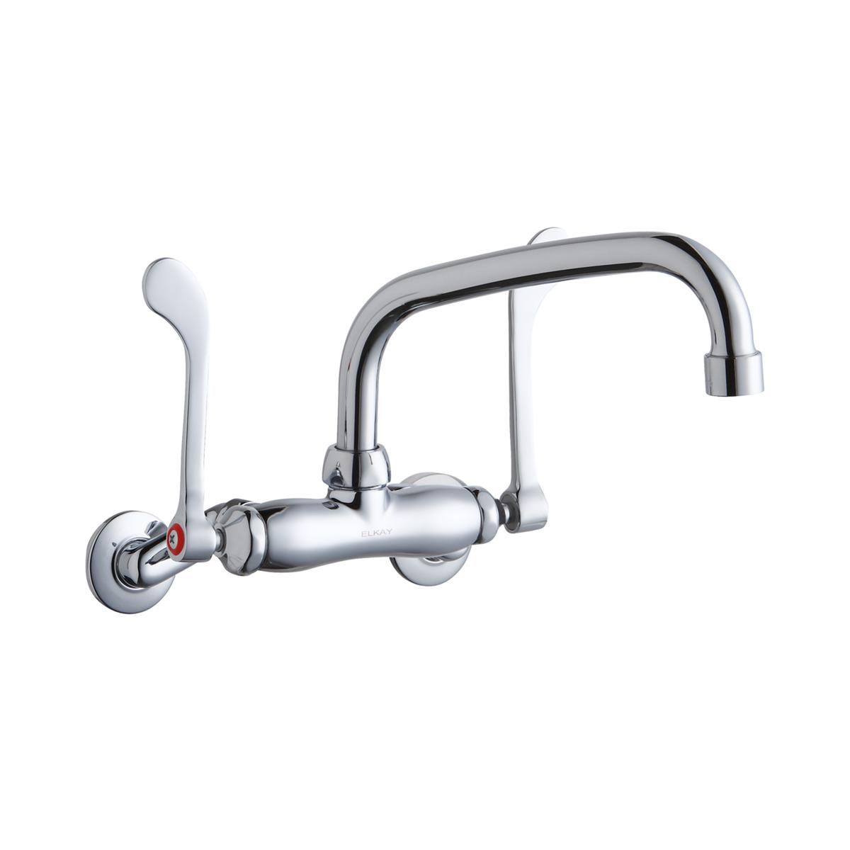 Chrome wall-mount faucet with arc spout, wristblade handles, and wall brackets on white background.