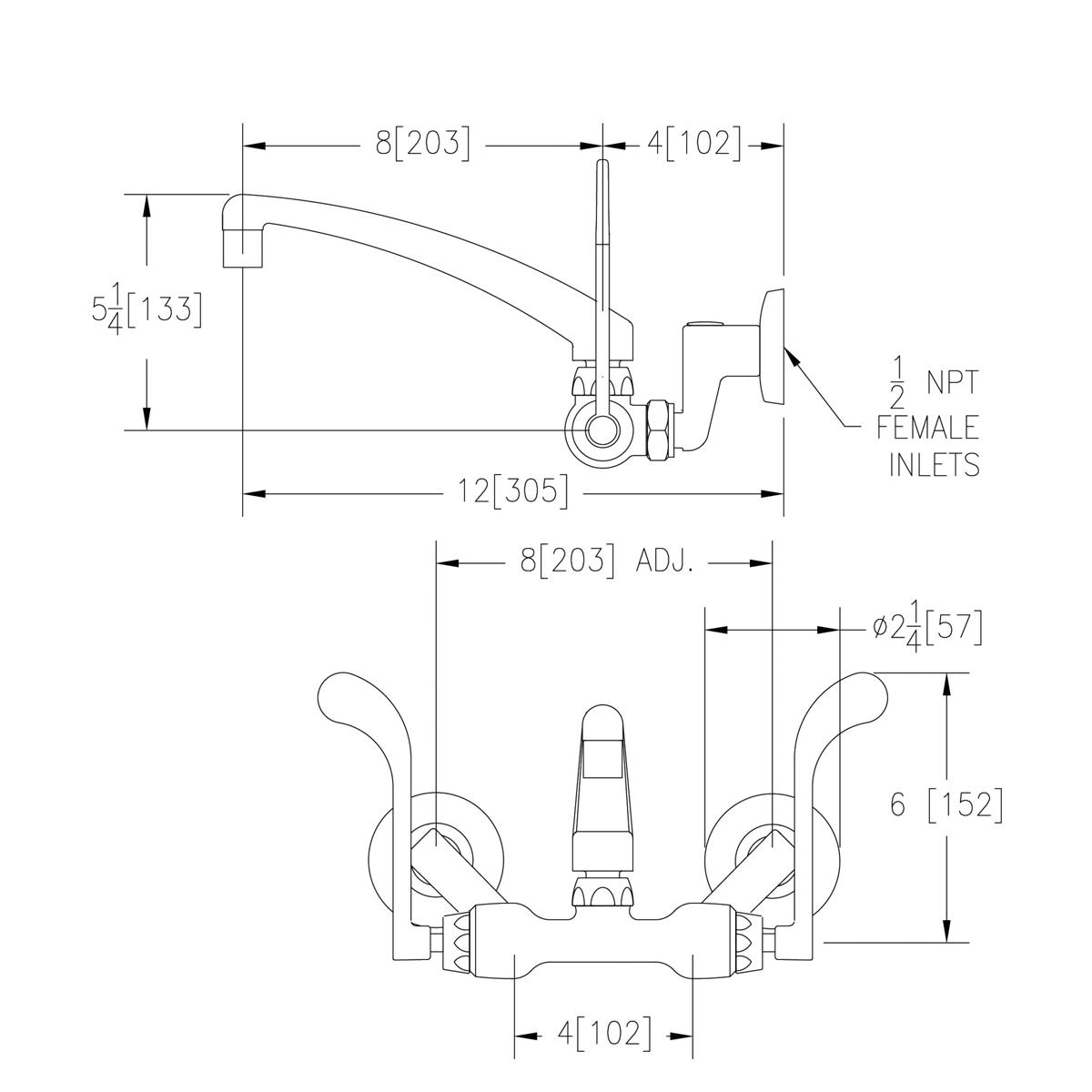 Wall-mounted commercial faucet with arcing spout, dual wristblade handles, and adjustable center spacing shown in technical s