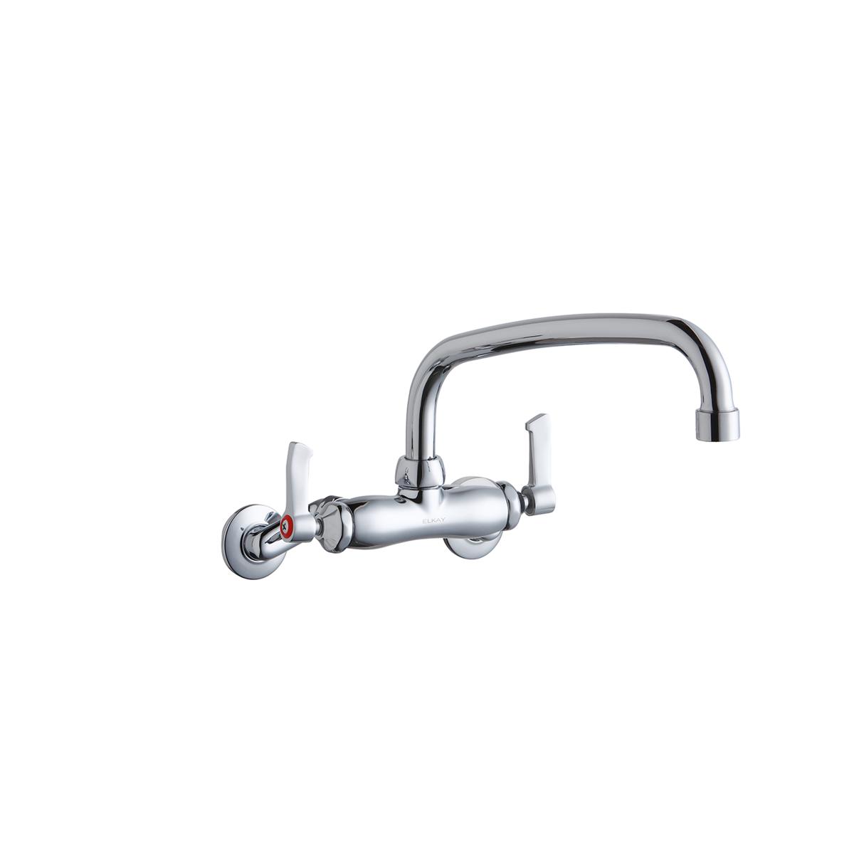 Chrome wall-mount faucet with arching spout and two lever handles for commercial foodservice use.