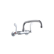 Chrome wall-mount faucet with curved arc spout, wristblade handle, and inlet connections for commercial foodservice use.