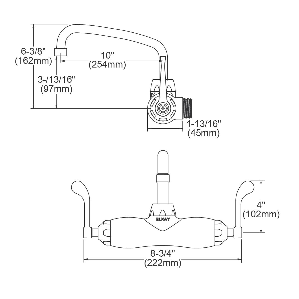 Wall-mount foodservice faucet with 10" arc tube spout, 4" wristblade handles, and adjustable center mounting, shown in techni